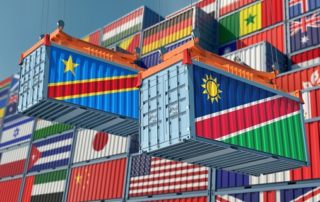 Freight containers with Democratic Republic of The Congo and Namibia national flags. 3D Rendering | Pisut & Partners